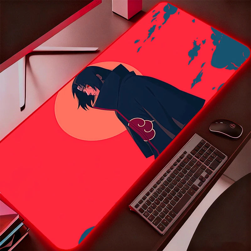 RGB Backlight Mouse Pad N-Naruto Itachi Uchiha Anime Gabinete Gamer Computer LED Desk Mat Keyboard Gaming Accessories Mousepad