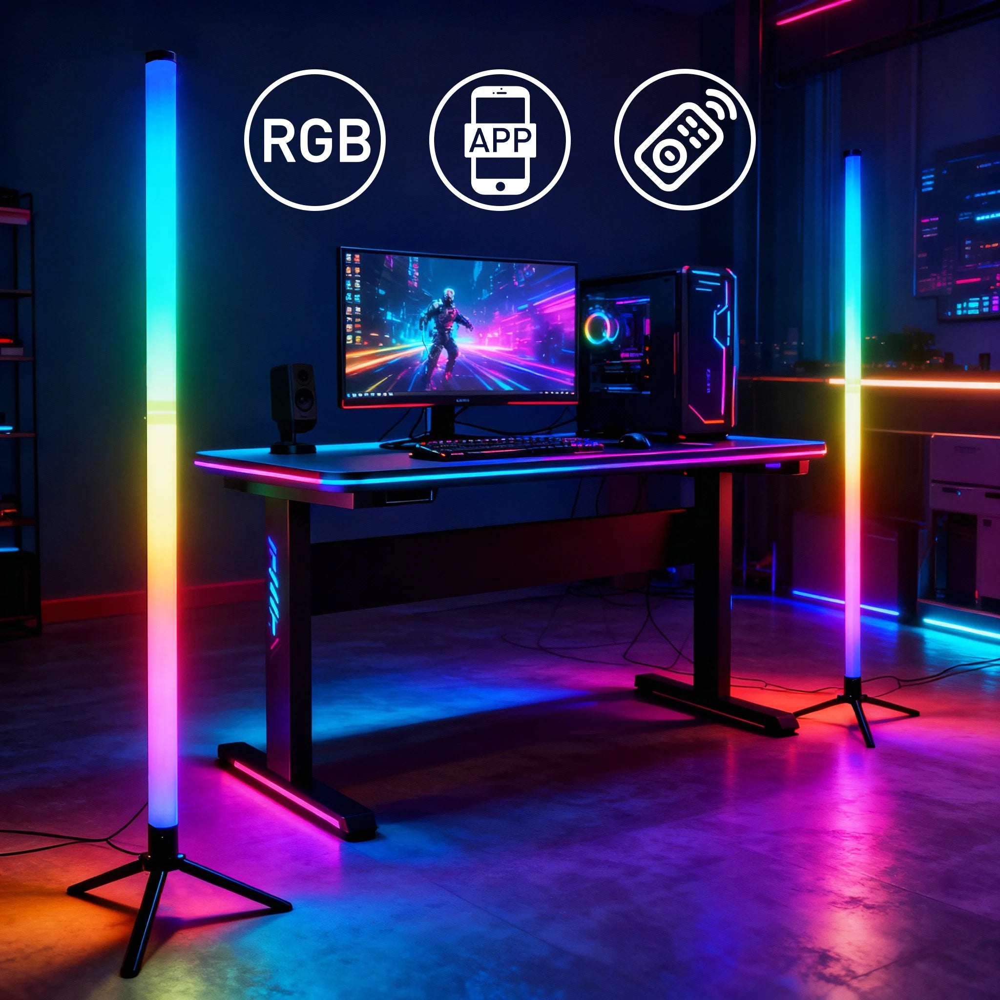 LED RGB Gaming Atmosphere Light Floor Lamp E-Sports Remote Control App PC Desk Table Bedroom Living Room Hallway Colored Light