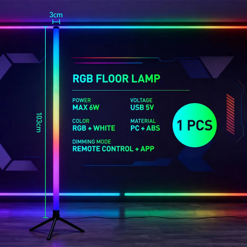 LED RGB Gaming Atmosphere Light Floor Lamp E-Sports Remote Control App PC Desk Table Bedroom Living Room Hallway Colored Light