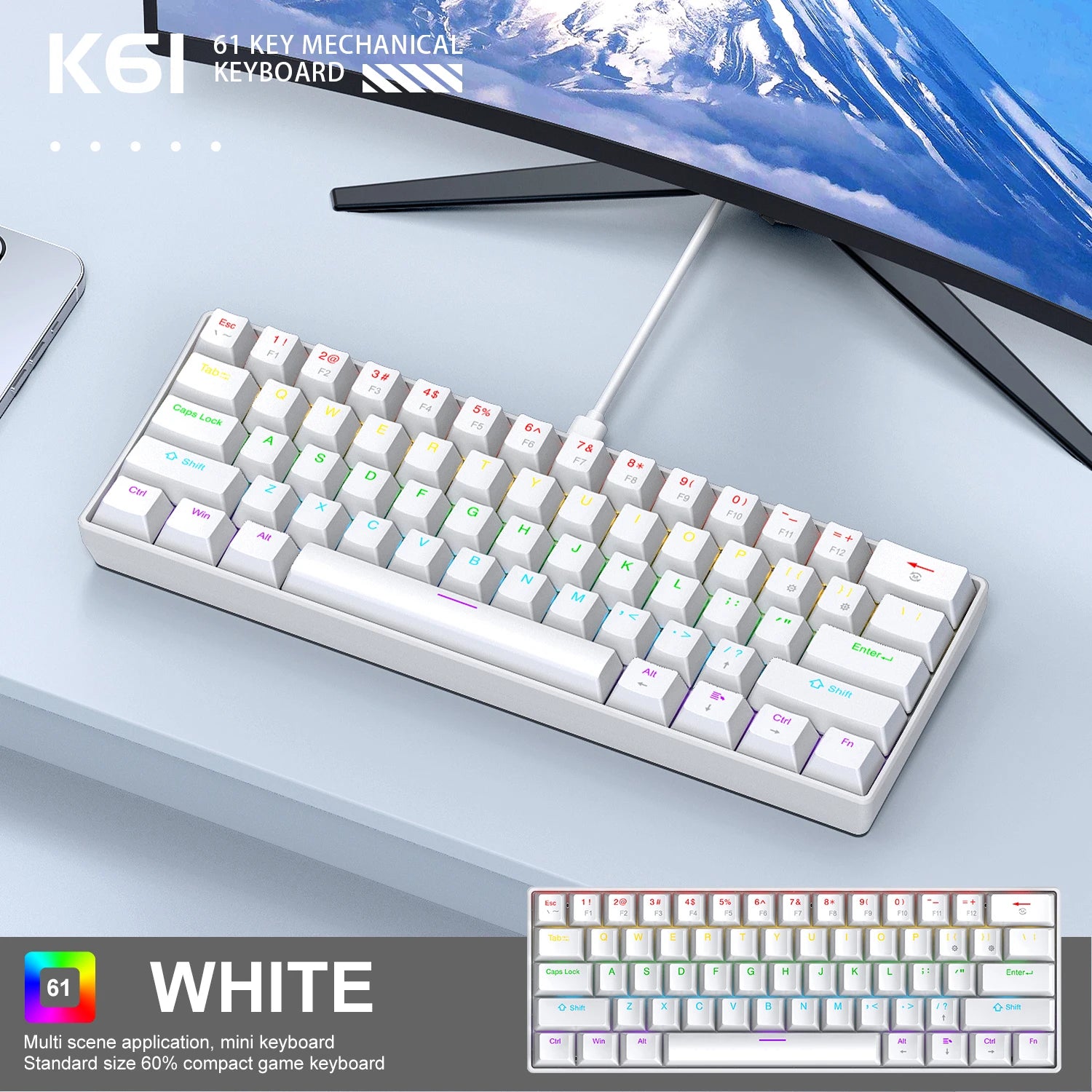 K61 60% Mechanical Keyboard Wired RGB, 61 Keys Mini Gaming Keyboard, Phantom RGB, Red/Blue Switch, Ergonomic, Portable for Gamer