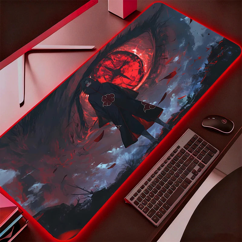 RGB Backlight Mouse Pad N-Naruto Itachi Uchiha Anime Gabinete Gamer Computer LED Desk Mat Keyboard Gaming Accessories Mousepad