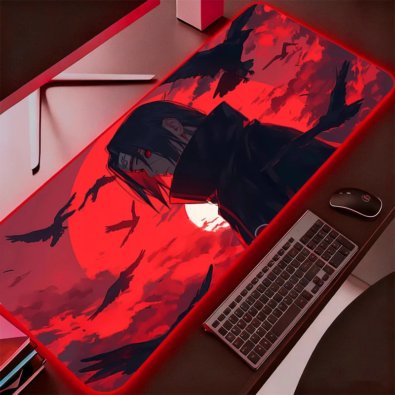 RGB Backlight Mouse Pad N-Naruto Itachi Uchiha Anime Gabinete Gamer Computer LED Desk Mat Keyboard Gaming Accessories Mousepad