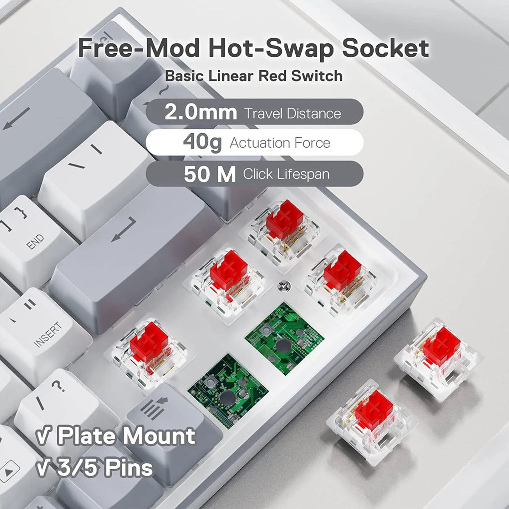 K631 Gery 65% Wired RGB Gaming Keyboard, 68 Keys Hot-Swappable Compact Mechanical Keyboard