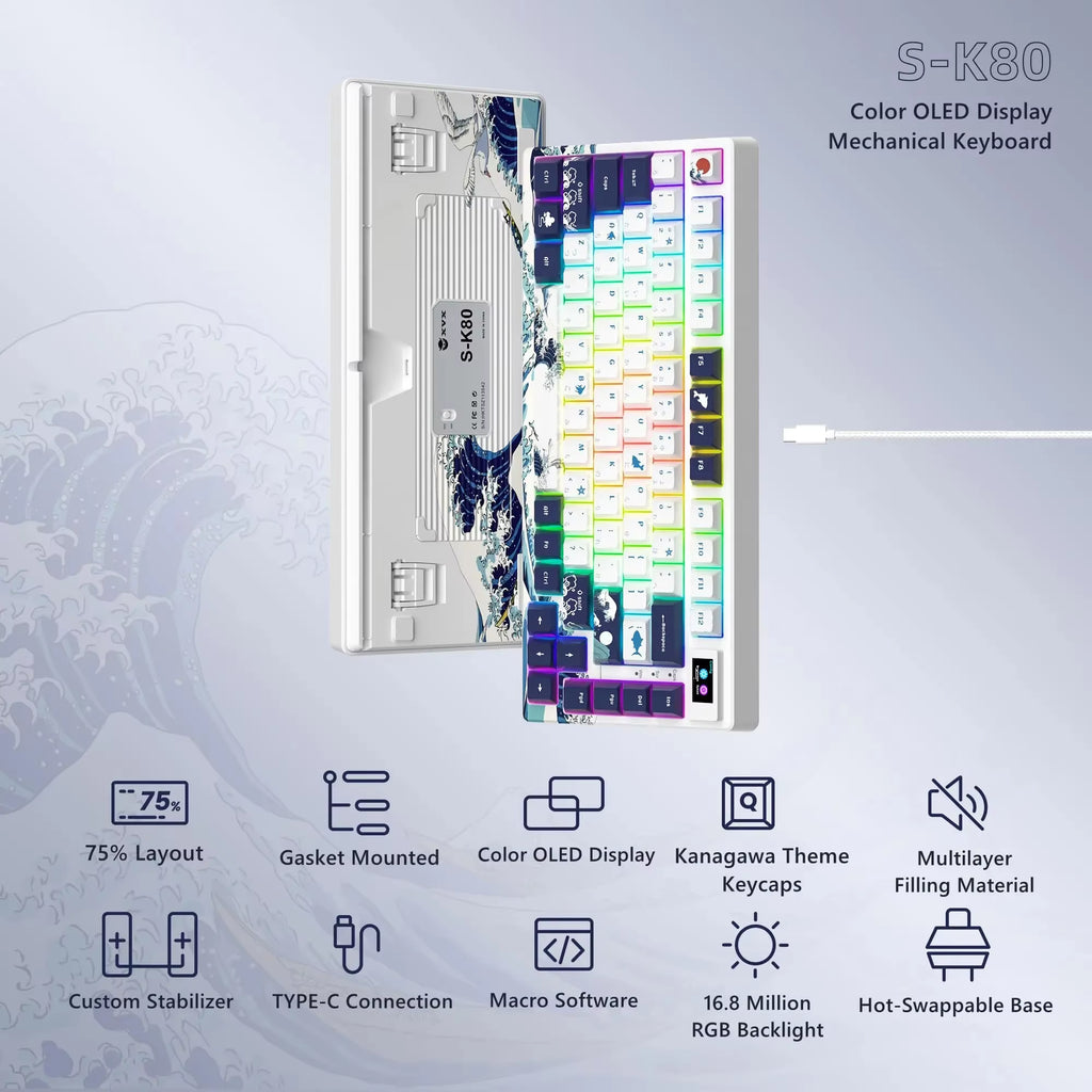SK80 Gasket Mounted Mechanical Keyboard 81 Key Gamer Keyboard 75% Hot Swap RGB Gaming Keyboard with Smart Display for PC